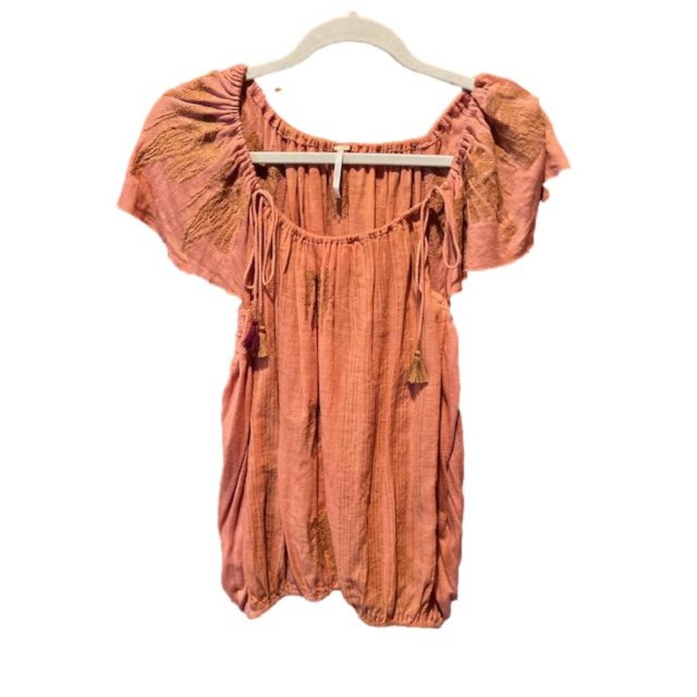 Free People Orange Flutter-Sleeve, Cinch Top Size Women's Large